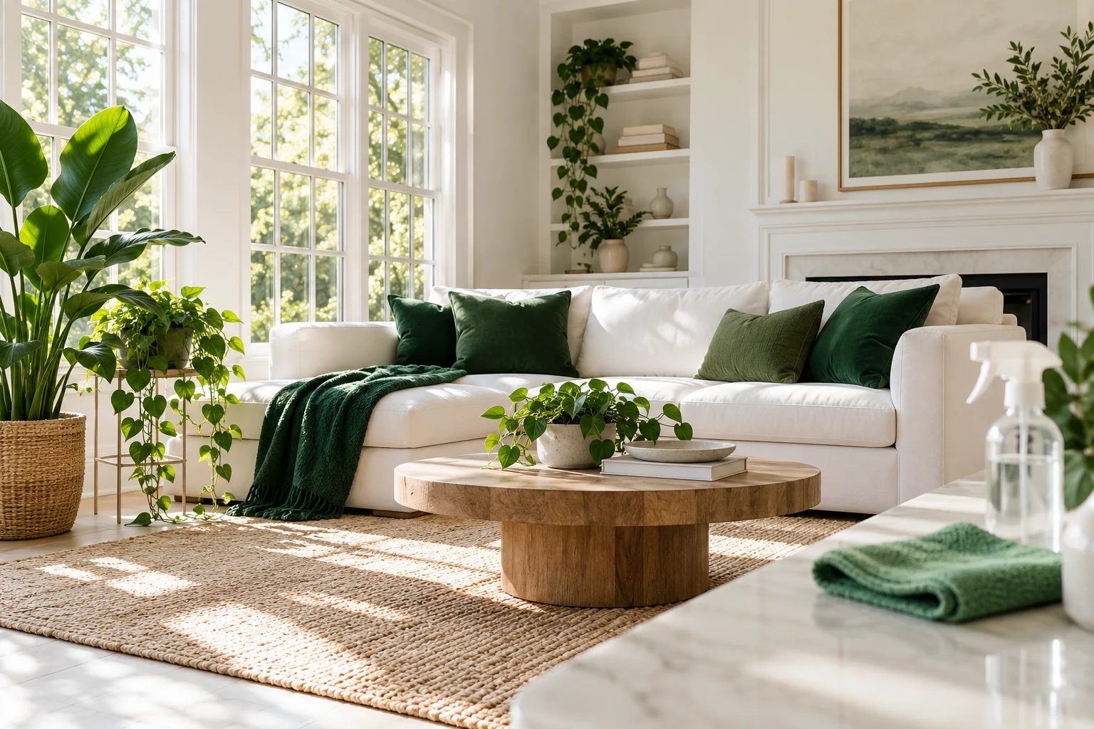 Illustrative bright, tidy living room with green cushions and indoor plants